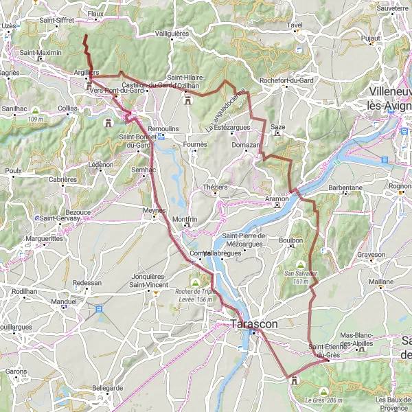 Miniaturekort af cykelinspirationen "Gravelcykling til Point de Vue og Vers-Pont-du-Gard" i Provence-Alpes-Côte d’Azur, France. Genereret af Tarmacs.app cykelruteplanlægger