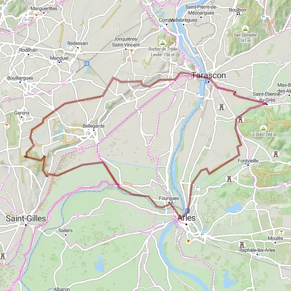 Map miniature of "Arles and Les 2 Lions Gravel Adventure" cycling inspiration in Provence-Alpes-Côte d’Azur, France. Generated by Tarmacs.app cycling route planner