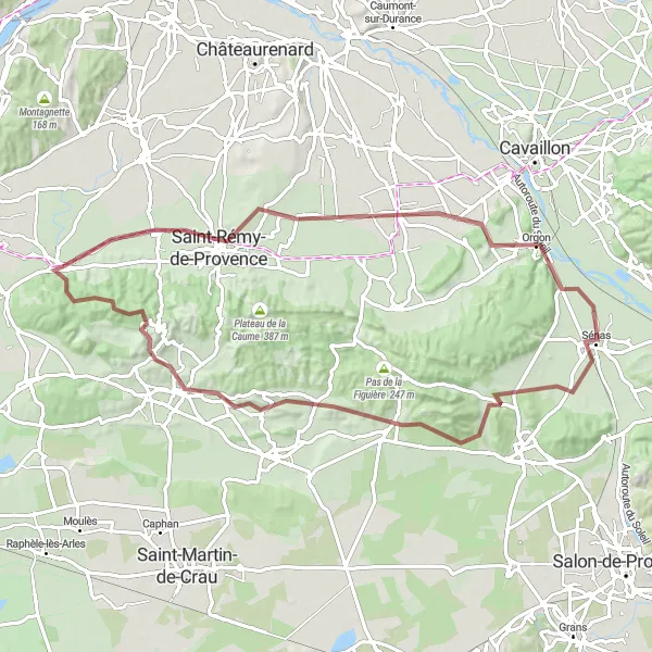Zemljevid v pomanjšavi "Pohodniška pot skozi Alpilles" kolesarske inspiracije v Provence-Alpes-Côte d’Azur, France. Generirano z načrtovalcem kolesarskih poti Tarmacs.app