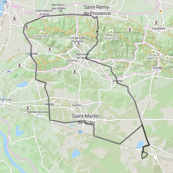 Zemljevid v pomanjšavi "Pot do Saint-Rémy-de-Provence" kolesarske inspiracije v Provence-Alpes-Côte d’Azur, France. Generirano z načrtovalcem kolesarskih poti Tarmacs.app