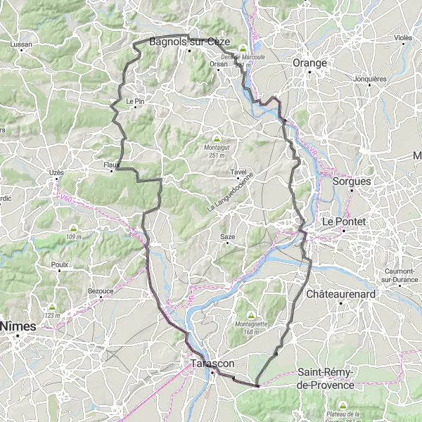 Map miniature of "Avignon and Beaucaire Loop" cycling inspiration in Provence-Alpes-Côte d’Azur, France. Generated by Tarmacs.app cycling route planner