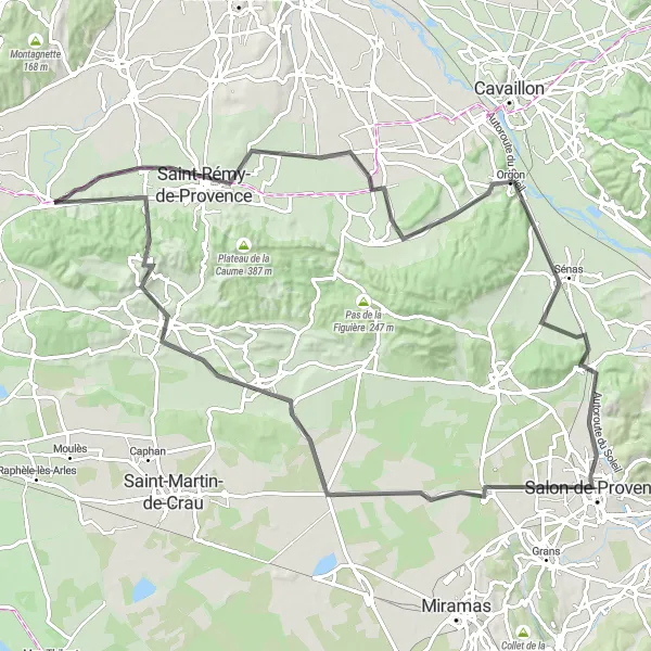 Map miniature of "Alpilles and Salon de Provence Road Cycling Route" cycling inspiration in Provence-Alpes-Côte d’Azur, France. Generated by Tarmacs.app cycling route planner