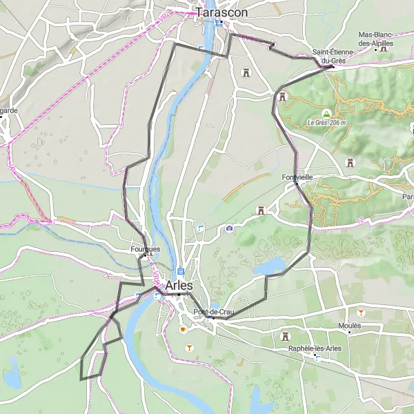 Mapa miniatúra "Road Route Les Alpilles Explorer" cyklistická inšpirácia v Provence-Alpes-Côte d’Azur, France. Vygenerované cyklistickým plánovačom trás Tarmacs.app