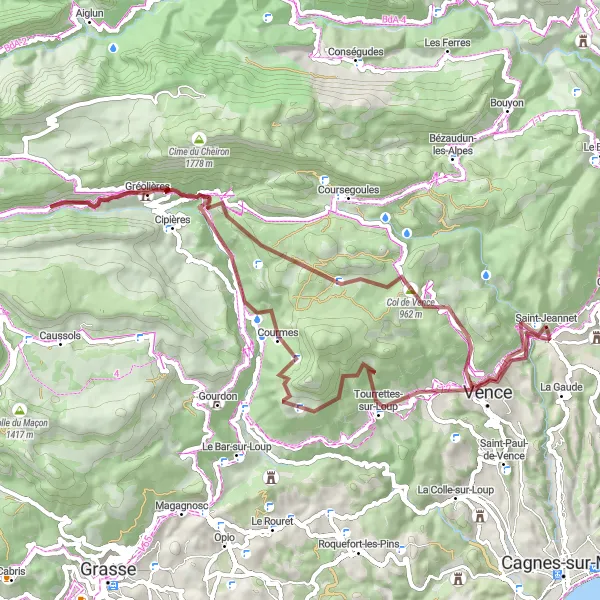 Zemljevid v pomanjšavi "Gravel avantura okoli Saint-Jeannet" kolesarske inspiracije v Provence-Alpes-Côte d’Azur, France. Generirano z načrtovalcem kolesarskih poti Tarmacs.app