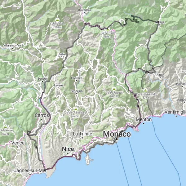 Miniatua del mapa de inspiración ciclista "Desafío de Montaña y Costa" en Provence-Alpes-Côte d’Azur, France. Generado por Tarmacs.app planificador de rutas ciclistas