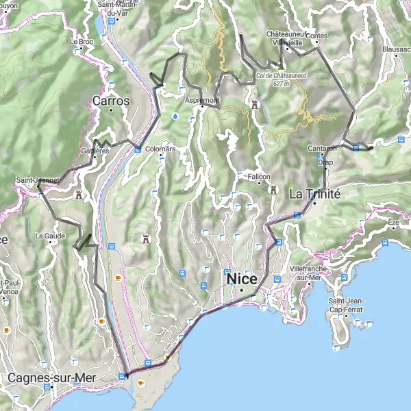 Zemljevid v pomanjšavi "Cesta proti obrobju Nice" kolesarske inspiracije v Provence-Alpes-Côte d’Azur, France. Generirano z načrtovalcem kolesarskih poti Tarmacs.app