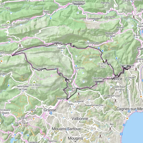 Miniatuurkaart van de fietsinspiratie "Wegroute vanuit Saint-Jeannet" in Provence-Alpes-Côte d’Azur, France. Gemaakt door de Tarmacs.app fietsrouteplanner