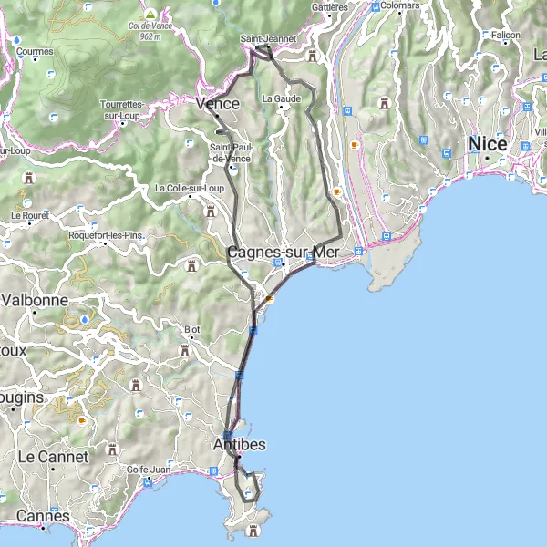 Miniatura mapy "Trasa przez Villeneuve-Loubet i Saint-Paul-de-Vence" - trasy rowerowej w Provence-Alpes-Côte d’Azur, France. Wygenerowane przez planer tras rowerowych Tarmacs.app