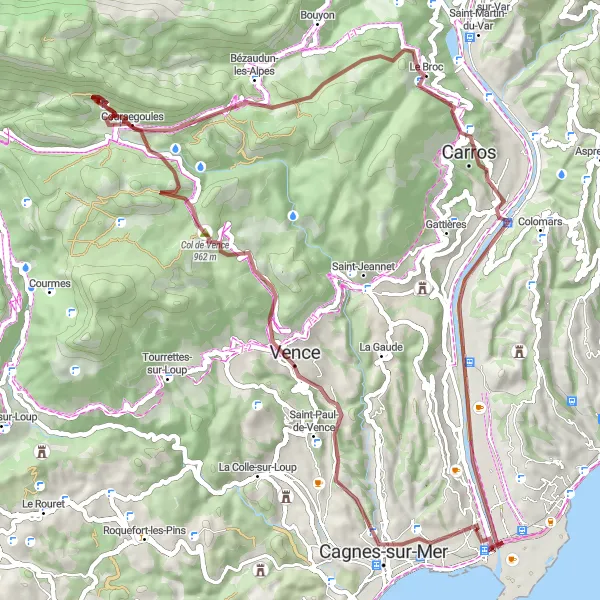 Miniaturní mapa "Gravel Route to Saint-Paul-de-Vence" inspirace pro cyklisty v oblasti Provence-Alpes-Côte d’Azur, France. Vytvořeno pomocí plánovače tras Tarmacs.app