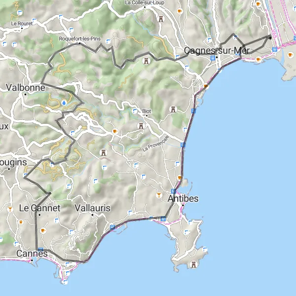 Mapa miniatúra "Cyklotrasa cez Antibes a Cannes" cyklistická inšpirácia v Provence-Alpes-Côte d’Azur, France. Vygenerované cyklistickým plánovačom trás Tarmacs.app