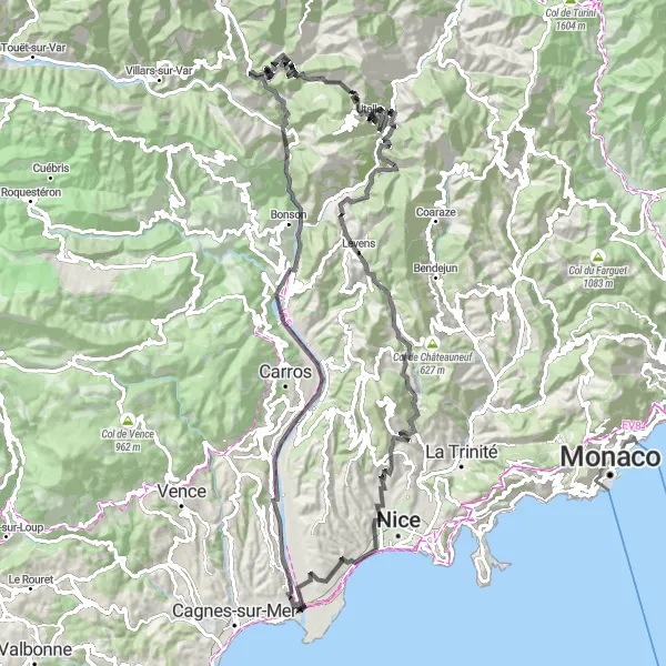 Miniaturní mapa "Road Challenge to Tête des Peines" inspirace pro cyklisty v oblasti Provence-Alpes-Côte d’Azur, France. Vytvořeno pomocí plánovače tras Tarmacs.app