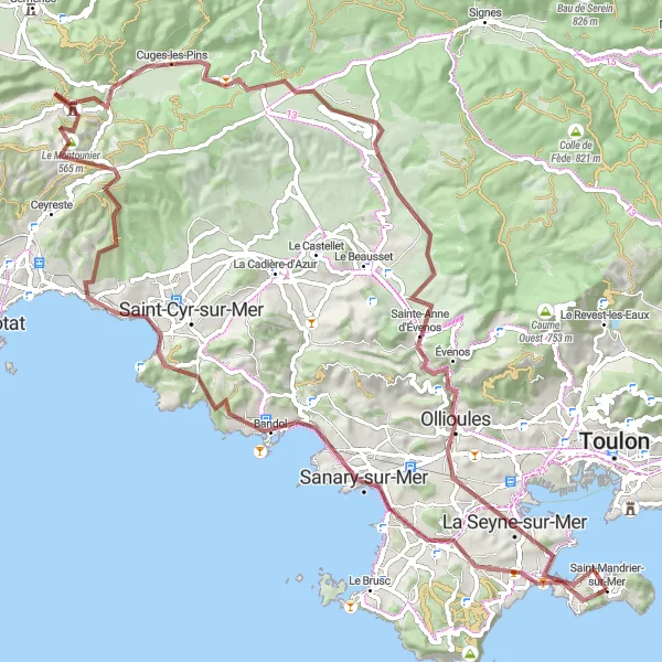 Kartminiatyr av "Sanary-sur-Mer til La Seyne-sur-Mer og Cuges-les-Pins" sykkelinspirasjon i Provence-Alpes-Côte d’Azur, France. Generert av Tarmacs.app sykkelrutoplanlegger
