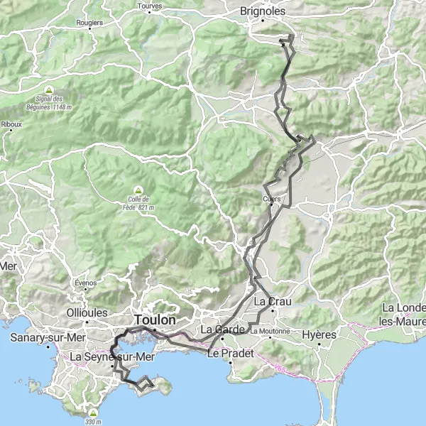 Miniatua del mapa de inspiración ciclista "Explora pueblos y colinas en esta ruta de 132km en carretera cerca de Saint-Mandrier-sur-Mer" en Provence-Alpes-Côte d’Azur, France. Generado por Tarmacs.app planificador de rutas ciclistas