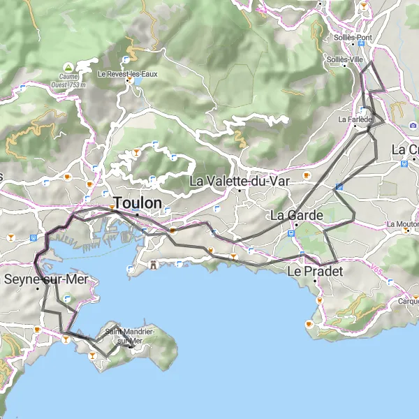 Miniaturní mapa "Jižní výlet kolem Saint-Mandrier-sur-Mer" inspirace pro cyklisty v oblasti Provence-Alpes-Côte d’Azur, France. Vytvořeno pomocí plánovače tras Tarmacs.app