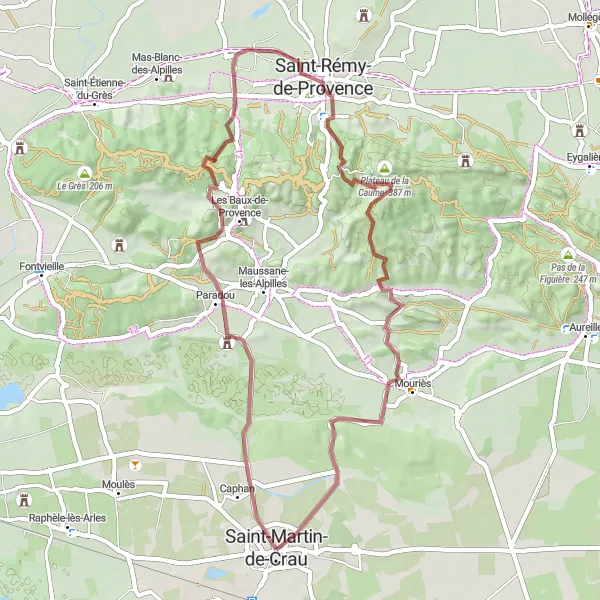 Miniatua del mapa de inspiración ciclista "Gravel Excursion to Glanum" en Provence-Alpes-Côte d’Azur, France. Generado por Tarmacs.app planificador de rutas ciclistas