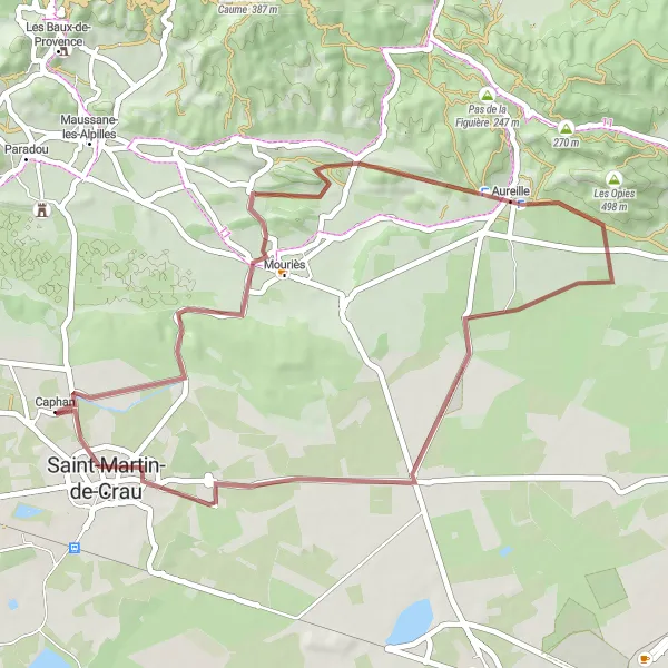 Kartminiatyr av "Grusvei rundtur til Mouriès og Aureille" sykkelinspirasjon i Provence-Alpes-Côte d’Azur, France. Generert av Tarmacs.app sykkelrutoplanlegger