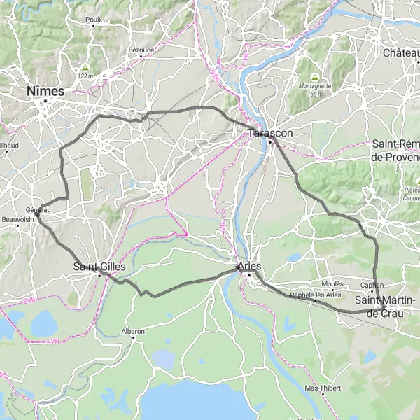 Miniaturní mapa "Náročná cyklotrasa kolem Saint-Martin-de-Crau" inspirace pro cyklisty v oblasti Provence-Alpes-Côte d’Azur, France. Vytvořeno pomocí plánovače tras Tarmacs.app