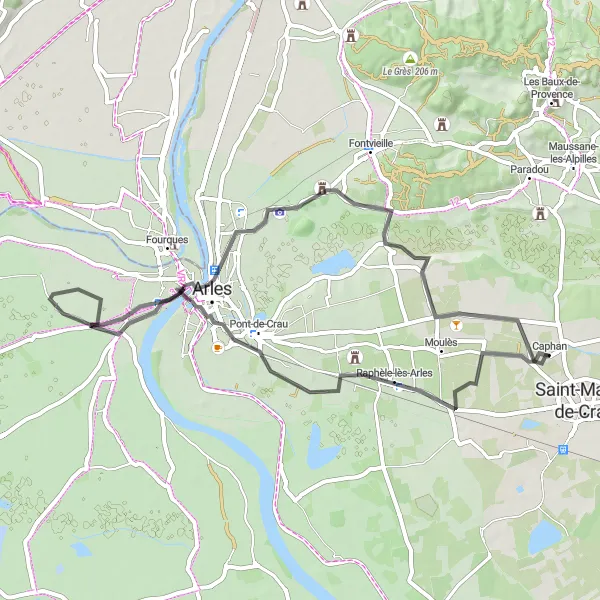 Mapa miniatúra "Historická trasa Cyrkuál Saint-Martin-de-Crau" cyklistická inšpirácia v Provence-Alpes-Côte d’Azur, France. Vygenerované cyklistickým plánovačom trás Tarmacs.app