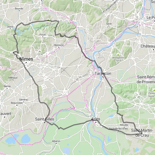 Miniaturní mapa "Výzva pro zkušené cyklisty kolem Saint-Martin-de-Crau" inspirace pro cyklisty v oblasti Provence-Alpes-Côte d’Azur, France. Vytvořeno pomocí plánovače tras Tarmacs.app