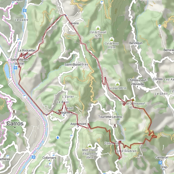 Map miniature of "Gravel Adventure through Col de Châteauneuf" cycling inspiration in Provence-Alpes-Côte d’Azur, France. Generated by Tarmacs.app cycling route planner