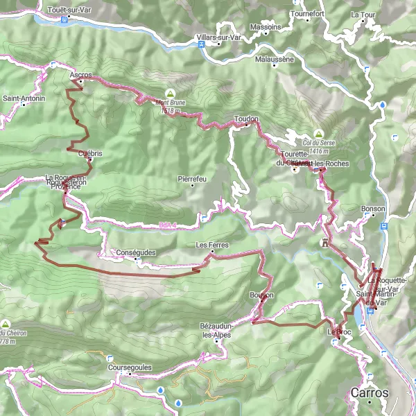 Miniatua del mapa de inspiración ciclista "Exploración en gravilla desde Saint-Martin-du-Var" en Provence-Alpes-Côte d’Azur, France. Generado por Tarmacs.app planificador de rutas ciclistas
