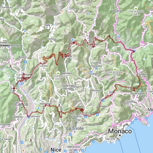 Kartminiatyr av "Episk grusveitur til Lucéram ogbake" sykkelinspirasjon i Provence-Alpes-Côte d’Azur, France. Generert av Tarmacs.app sykkelrutoplanlegger