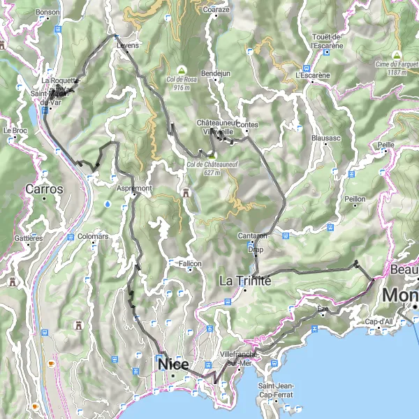 Mapa miniatúra "Výlet do vnútrozemia s výhľadom na Levens" cyklistická inšpirácia v Provence-Alpes-Côte d’Azur, France. Vygenerované cyklistickým plánovačom trás Tarmacs.app