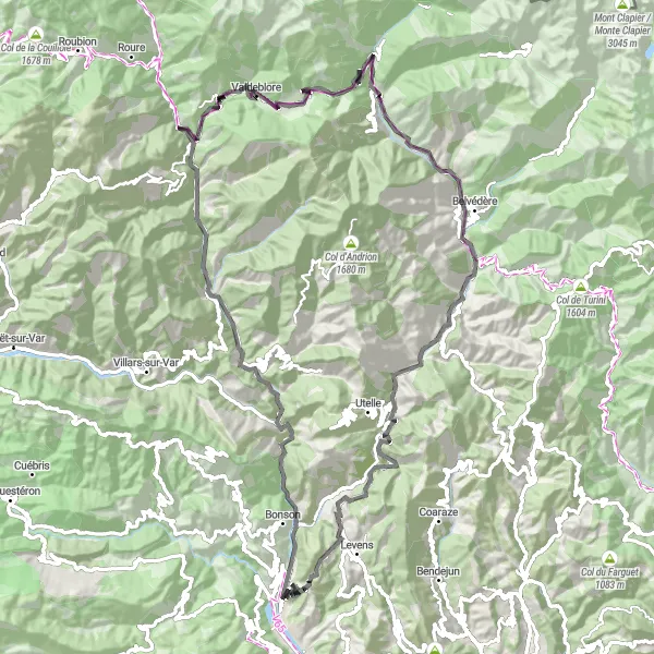 Karttaminiaatyyri "Maantiepyöräilyreitti Plan-du-Varista La Roquette-sur-Variin" pyöräilyinspiraatiosta alueella Provence-Alpes-Côte d’Azur, France. Luotu Tarmacs.app pyöräilyreittisuunnittelijalla