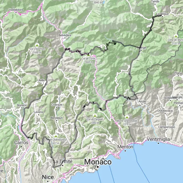 Mapa miniatúra "Horská trasa s výstupem 6625 m a vzdialenosťou 179 km" cyklistická inšpirácia v Provence-Alpes-Côte d’Azur, France. Vygenerované cyklistickým plánovačom trás Tarmacs.app