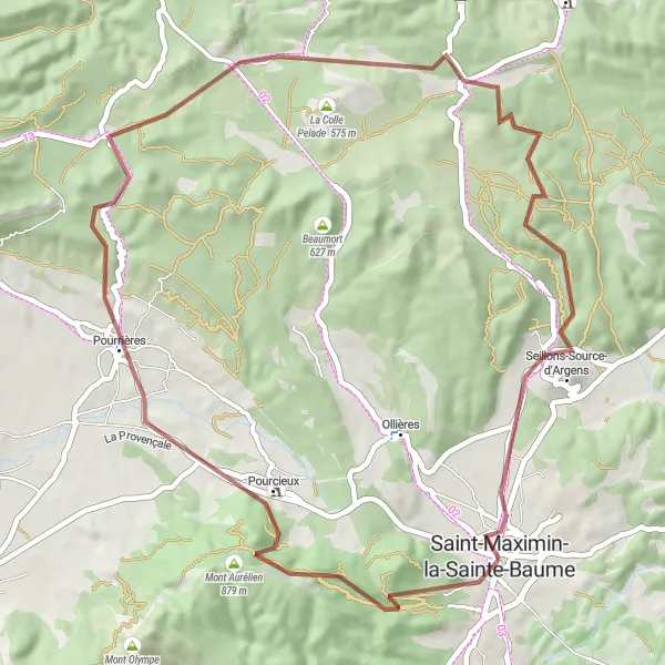 Kartminiatyr av "Saint-Maximin-la-Sainte-Baume - Pourrières - Seillons-Source-d'Argens - Saint-Maximin-la-Sainte-Baume" sykkelinspirasjon i Provence-Alpes-Côte d’Azur, France. Generert av Tarmacs.app sykkelrutoplanlegger