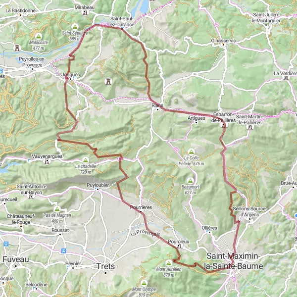 Map miniature of "Gravel Adventure: Saint-Maximin-la-Sainte-Baume to Mont Aurélien Loop" cycling inspiration in Provence-Alpes-Côte d’Azur, France. Generated by Tarmacs.app cycling route planner