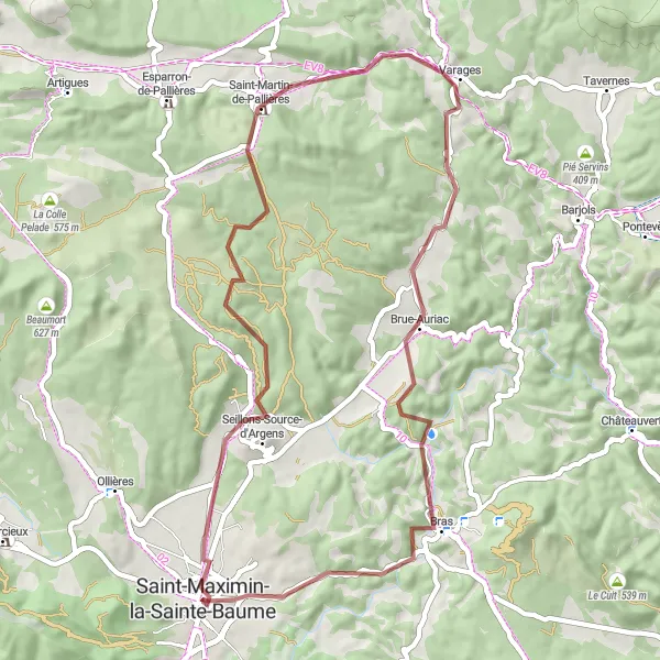 Miniatua del mapa de inspiración ciclista "Aventura en Las Colinas de Saint-Martin-de-Pallières" en Provence-Alpes-Côte d’Azur, France. Generado por Tarmacs.app planificador de rutas ciclistas