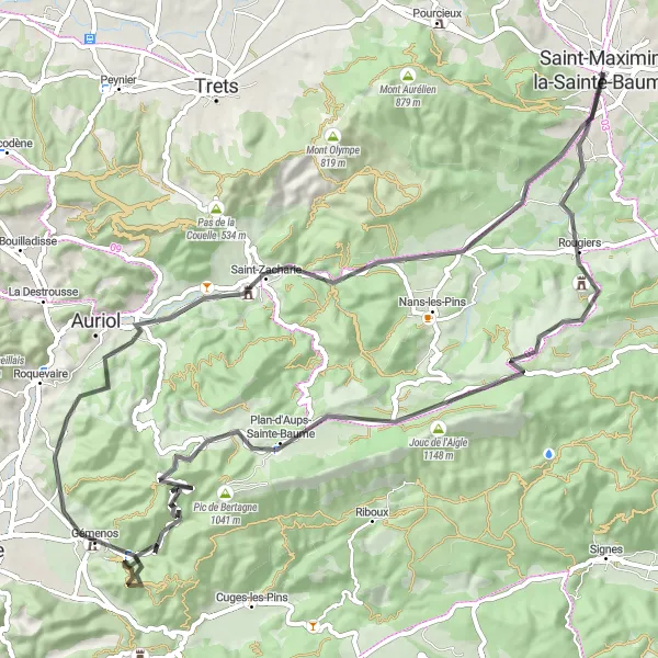 Map miniature of "Road Route from Saint-Maximin-la-Sainte-Baume" cycling inspiration in Provence-Alpes-Côte d’Azur, France. Generated by Tarmacs.app cycling route planner