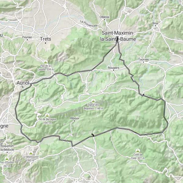 Miniatua del mapa de inspiración ciclista "Ruta de carretera a Saint-Maximin-la-Sainte-Baume" en Provence-Alpes-Côte d’Azur, France. Generado por Tarmacs.app planificador de rutas ciclistas