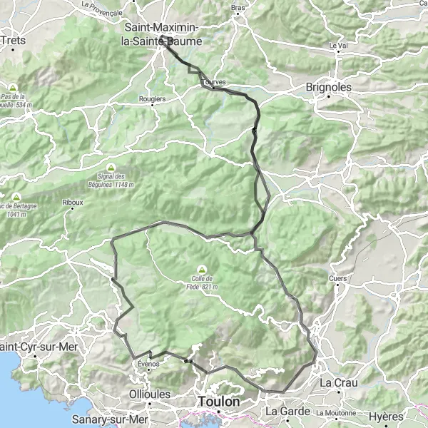 Miniaturní mapa "Cesta kolem Saint-Maximin-la-Sainte-Baume" inspirace pro cyklisty v oblasti Provence-Alpes-Côte d’Azur, France. Vytvořeno pomocí plánovače tras Tarmacs.app