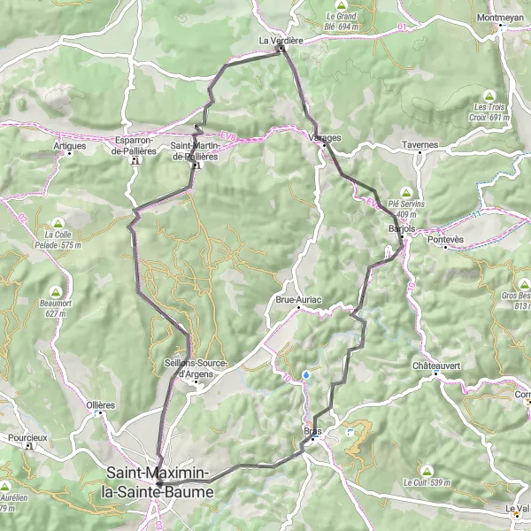 Map miniature of "Road Cycling: Saint-Maximin-la-Sainte-Baume to Seillons-Source-d'Argens Loop" cycling inspiration in Provence-Alpes-Côte d’Azur, France. Generated by Tarmacs.app cycling route planner