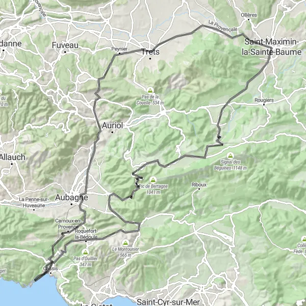 Kartminiatyr av "Saint-Maximin-la-Sainte-Baume - Plan-d'Aups-Sainte-Baume - Cassis - Saint-Maximin-la-Sainte-Baume" sykkelinspirasjon i Provence-Alpes-Côte d’Azur, France. Generert av Tarmacs.app sykkelrutoplanlegger