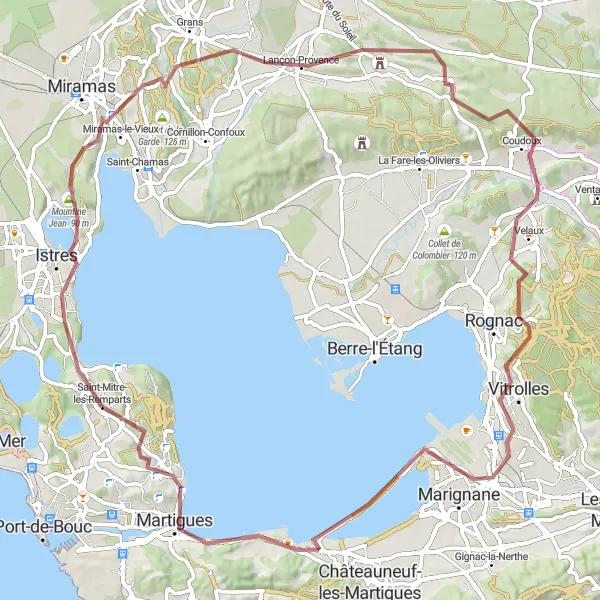 Map miniature of "Gravel Exploration of Provence's Natural Wonders" cycling inspiration in Provence-Alpes-Côte d’Azur, France. Generated by Tarmacs.app cycling route planner
