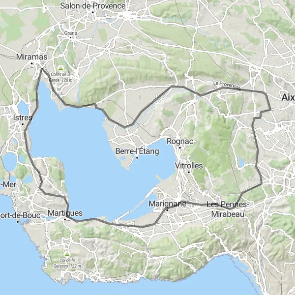 Map miniature of "The Scenic Hillside Route" cycling inspiration in Provence-Alpes-Côte d’Azur, France. Generated by Tarmacs.app cycling route planner