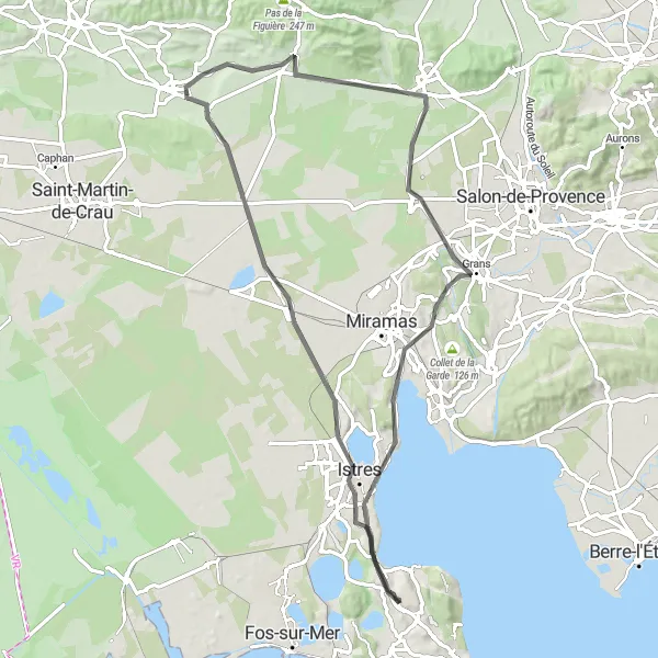 Map miniature of "Châteauneuf-les-Martigues Loop" cycling inspiration in Provence-Alpes-Côte d’Azur, France. Generated by Tarmacs.app cycling route planner