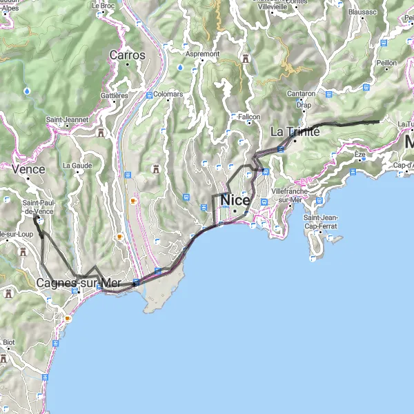 Kartminiatyr av "Kustutflykt till Nice och La Trinité" cykelinspiration i Provence-Alpes-Côte d’Azur, France. Genererad av Tarmacs.app cykelruttplanerare
