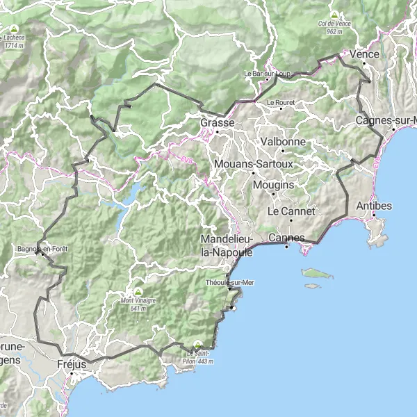 Map miniature of "Saint-Paul-de-Vence and the Stunning Hinterland" cycling inspiration in Provence-Alpes-Côte d’Azur, France. Generated by Tarmacs.app cycling route planner