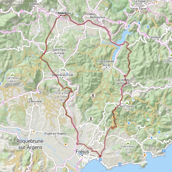 Mapa miniatúra "Gravelový okruh s výhľadmi na Fayence a Les Adrets-de-l'Estérel" cyklistická inšpirácia v Provence-Alpes-Côte d’Azur, France. Vygenerované cyklistickým plánovačom trás Tarmacs.app