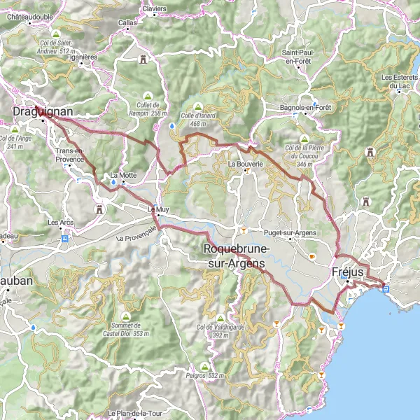 Zemljevid v pomanjšavi "Gorsko kolesarjenje do Draguignana" kolesarske inspiracije v Provence-Alpes-Côte d’Azur, France. Generirano z načrtovalcem kolesarskih poti Tarmacs.app