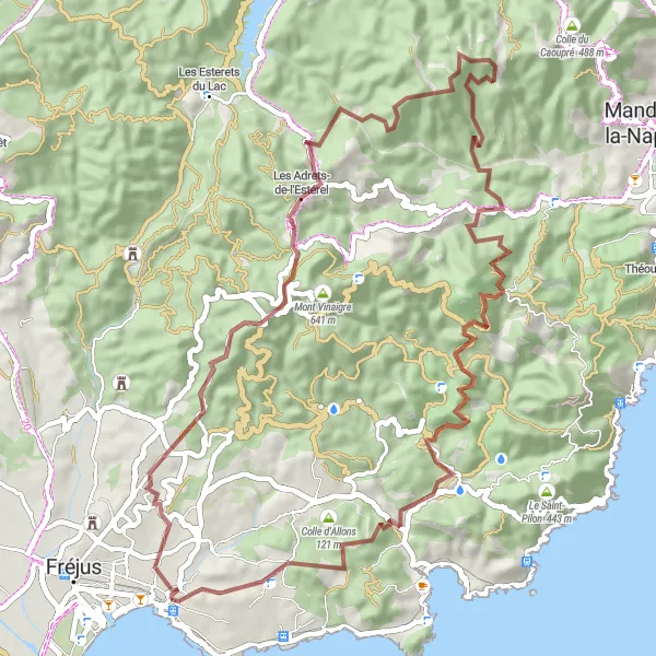 Miniaturní mapa "Gravel Cyklostezka u Saint-Raphaël" inspirace pro cyklisty v oblasti Provence-Alpes-Côte d’Azur, France. Vytvořeno pomocí plánovače tras Tarmacs.app