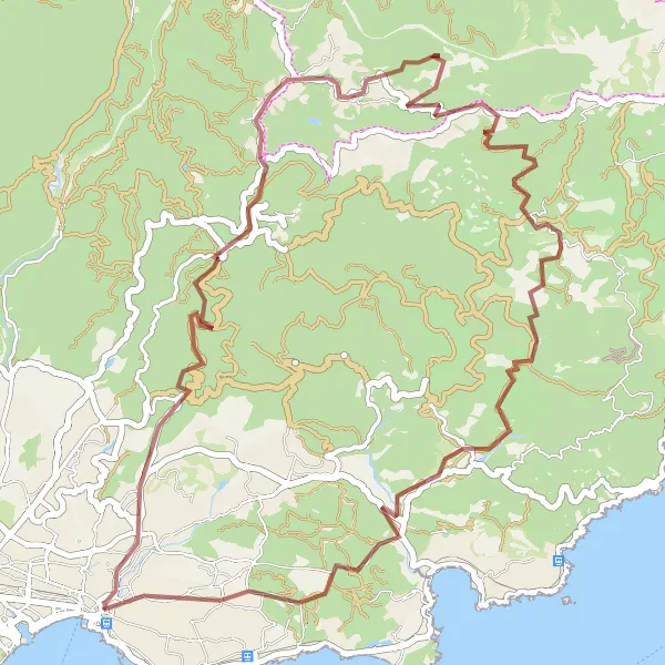 Miniaturní mapa "Gravel Cyklostezka kolem Saint-Raphaël" inspirace pro cyklisty v oblasti Provence-Alpes-Côte d’Azur, France. Vytvořeno pomocí plánovače tras Tarmacs.app