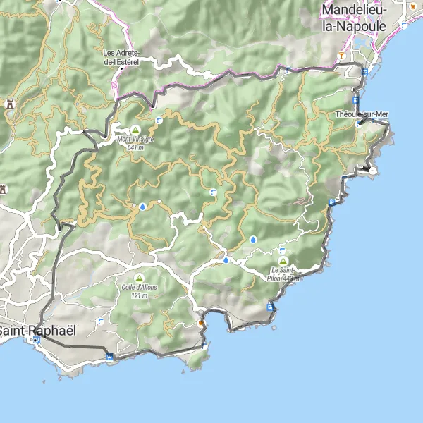 Miniaturní mapa "Jízda kolem Saint-Raphaël" inspirace pro cyklisty v oblasti Provence-Alpes-Côte d’Azur, France. Vytvořeno pomocí plánovače tras Tarmacs.app