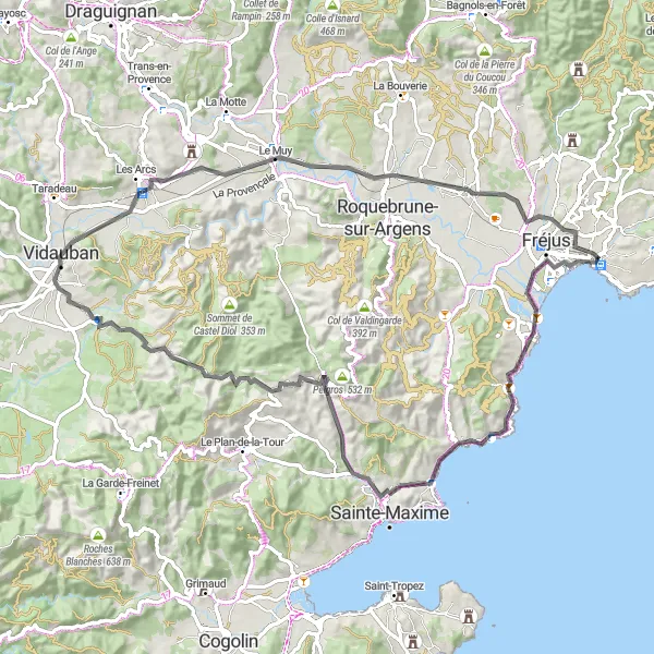 Mapa miniatúra "Příjemná cesta blízko Saint-Raphaël" cyklistická inšpirácia v Provence-Alpes-Côte d’Azur, France. Vygenerované cyklistickým plánovačom trás Tarmacs.app
