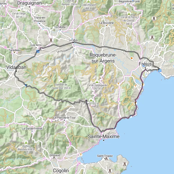 Karttaminiaatyyri "Pyöräily Saint-Raphaël - Puget-sur-Argens" pyöräilyinspiraatiosta alueella Provence-Alpes-Côte d’Azur, France. Luotu Tarmacs.app pyöräilyreittisuunnittelijalla