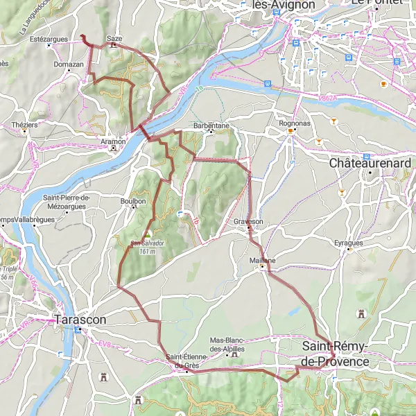 Kartminiatyr av "Grusvei Rundtur til Saint-Étienne-du-Grès" sykkelinspirasjon i Provence-Alpes-Côte d’Azur, France. Generert av Tarmacs.app sykkelrutoplanlegger